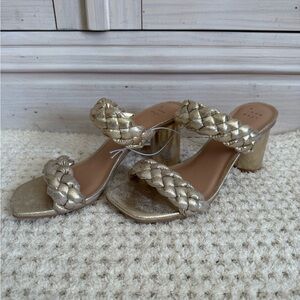 Braided Double-Strap Block Heel Sandals in Metallic Gold